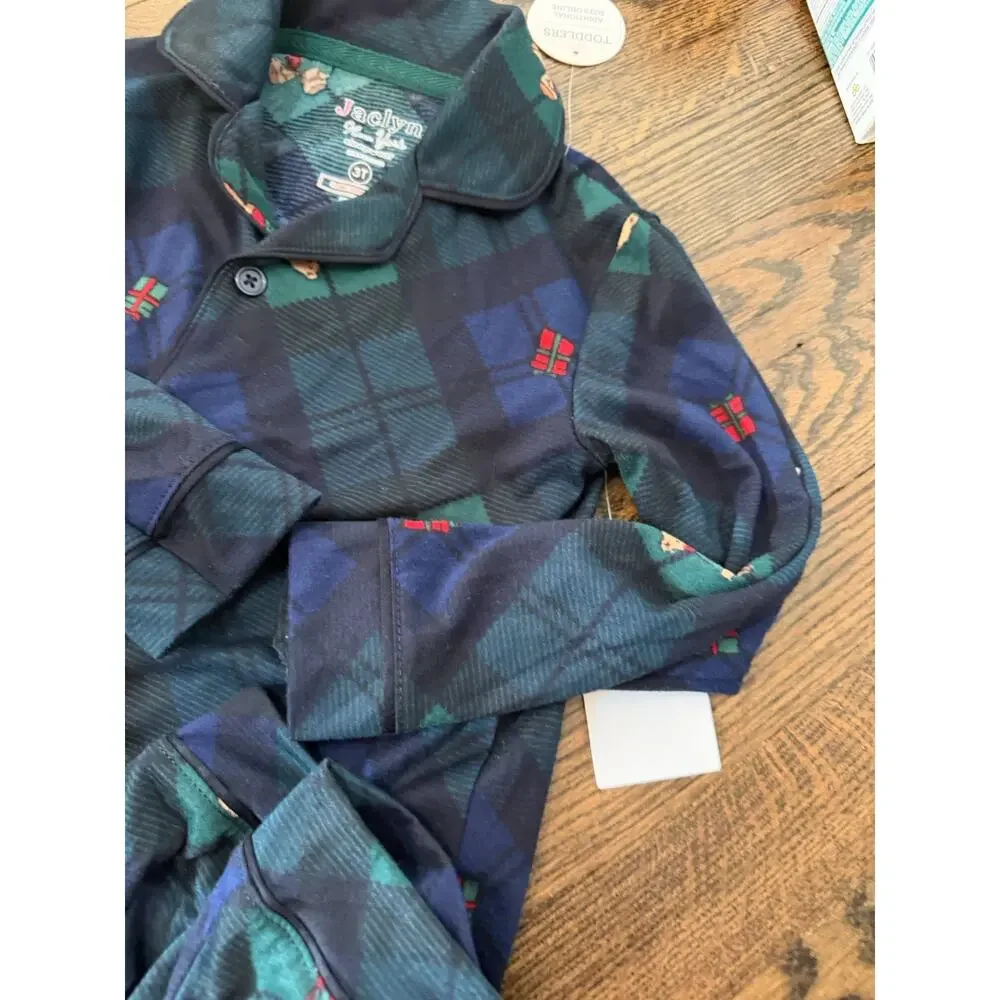 Teddy Bear Green Plaid Toddler Holiday 2 Piece Pajamas Sz 3T Nordstrom NWT